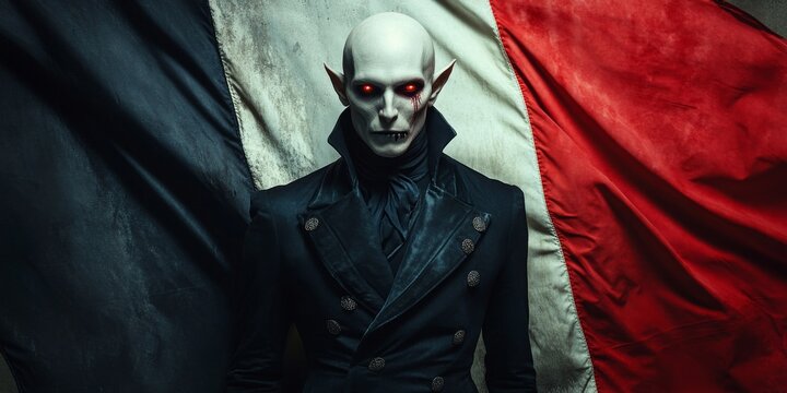 Ancient nosferatu vampire posing with french flag and bloody face