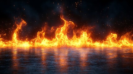 Isolated flames glowing brightly with intense heat on a smooth black background