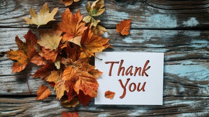 Thank You written on a white card with autumn leaves isolated on a wooden background