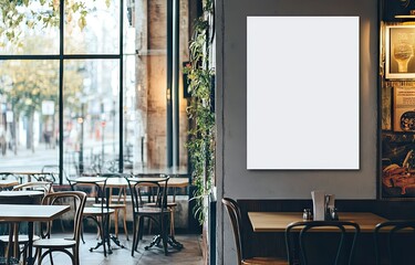 Empty poster in a cafe.  Inside view of a bistro