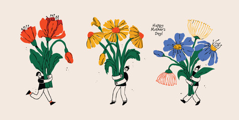 Trendy Mother's Day card, banner, poster, flyer, label or cover illustrations with young girl and boys with flowers. Spring summer bright abstract floral design template for ads promo.