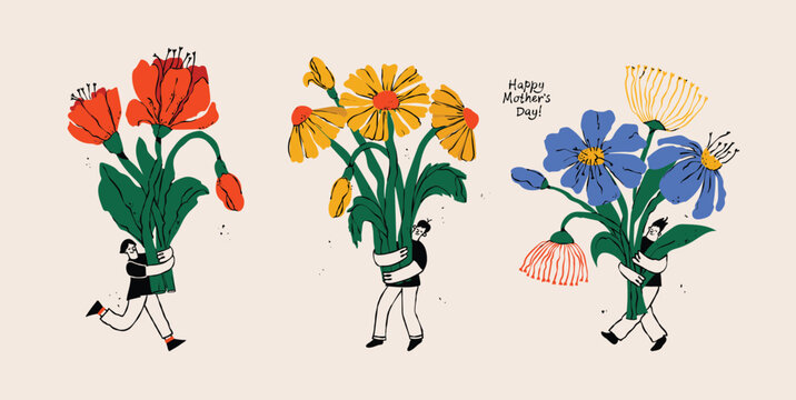 Trendy Mother's Day card, banner, poster, flyer, label or cover illustrations with young girl and boys with flowers. Spring summer bright abstract floral design template for ads promo.