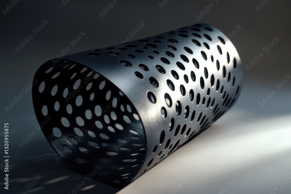 Poster a close-up view of a metal object on a table, perfect for business or industrial use