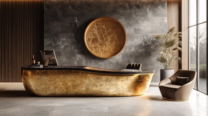 Luxurious Lobby Reception Area Features A Golden Desk And Decor