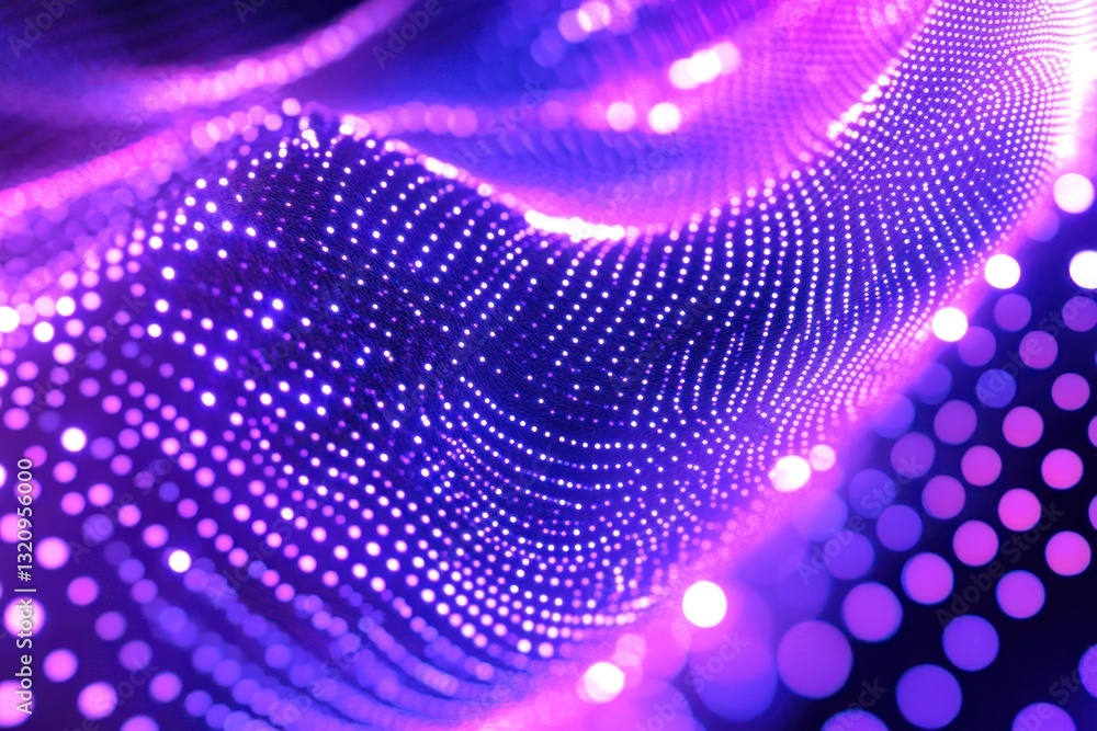 Poster a mesmerizing abstract image showcasing a wave of vibrant purple and blue dots creating a digital la