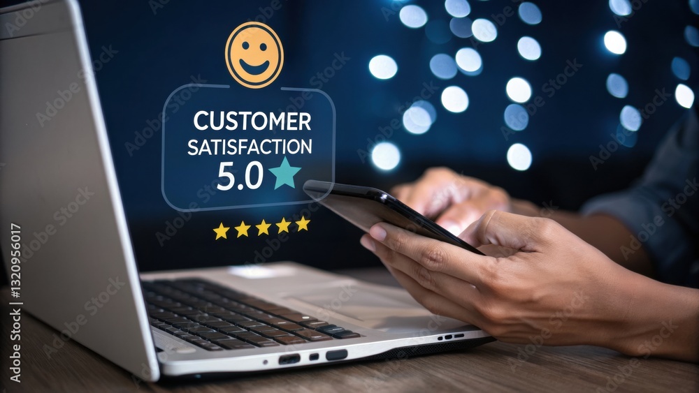 Poster customer satisfaction: the image shows a person's hands using a smartphone with customer satisfactio
