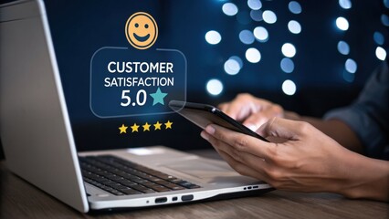 Customer Satisfaction: The image shows a person's hands using a smartphone with customer satisfaction feedback and the maximum star rating displayed on a laptop screen.