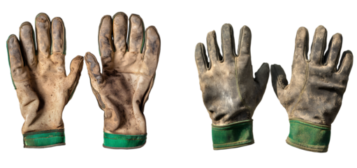 Vintage work gloves, dirty and worn with green trim, isolated on a transparent background