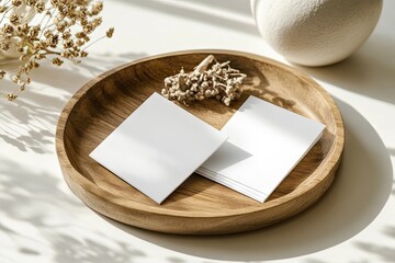 Blank business cards in a wooden bowl, minimalist aesthetic