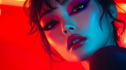 Fototapeta premium Stunning Beauty Portrait of Fashionable Woman with Bold Makeup and Neon Lighting