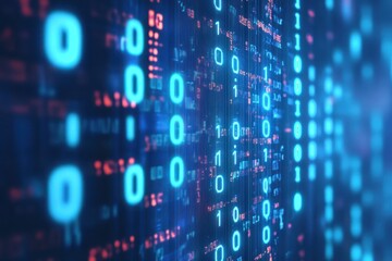 Abstract digital data stream with binary code and glowing elements