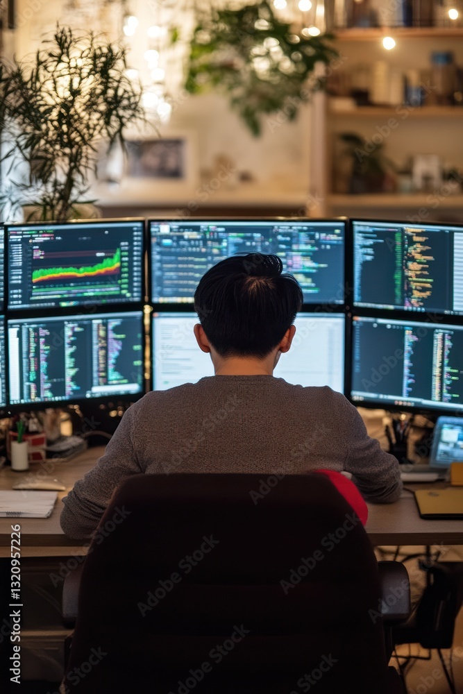 Poster person analyzing financial data on multiple monitors in a modern office
