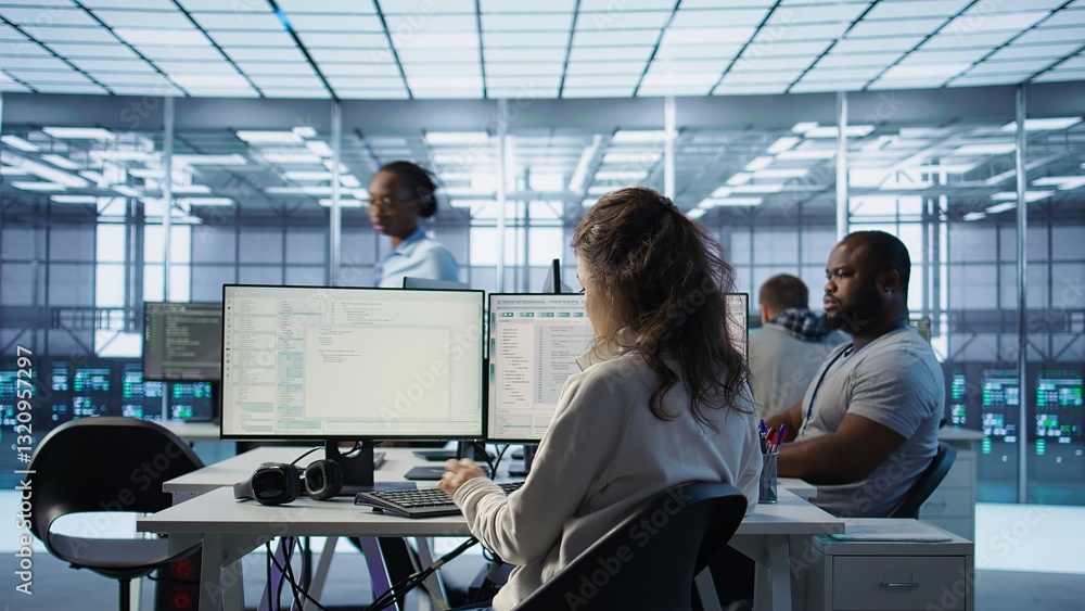 Poster system admin working in diverse computer network security data center workplace, ensuring optimal pe