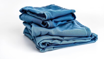 Neat stack of blue jeans folded on white background, blue denim, clothing