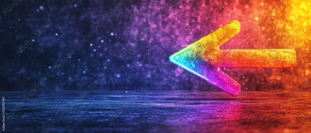 Poster a vibrant, multicolored arrow pointing left against a textured, dark background illuminated by color