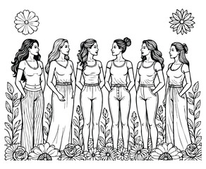 Women United with Symbolic Flowers Coloring Page