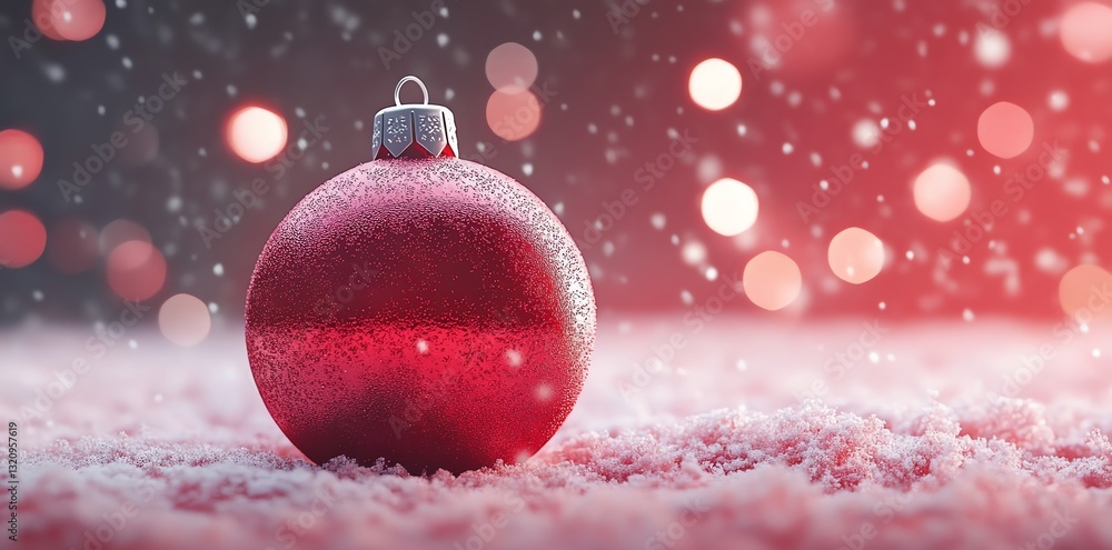 Aufkleber red ornament resting in fresh snowfall with soft bokeh lights