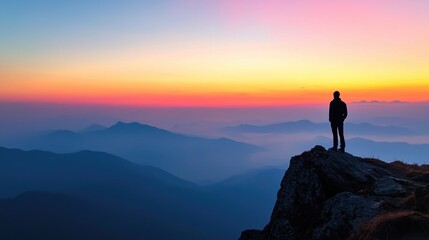 A Solitary Figure at Dawn, Contemplating the Majestic Mountain Range