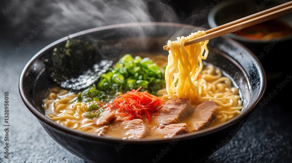 Poster enjoying a delicious bowl of steaming ramen topped with pork and fresh vegetables in a cozy dining s