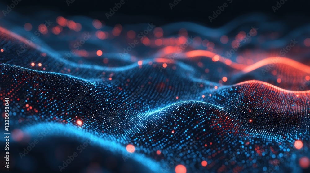 Aufkleber abstract representation of flowing waves with glowing particles in blue and red