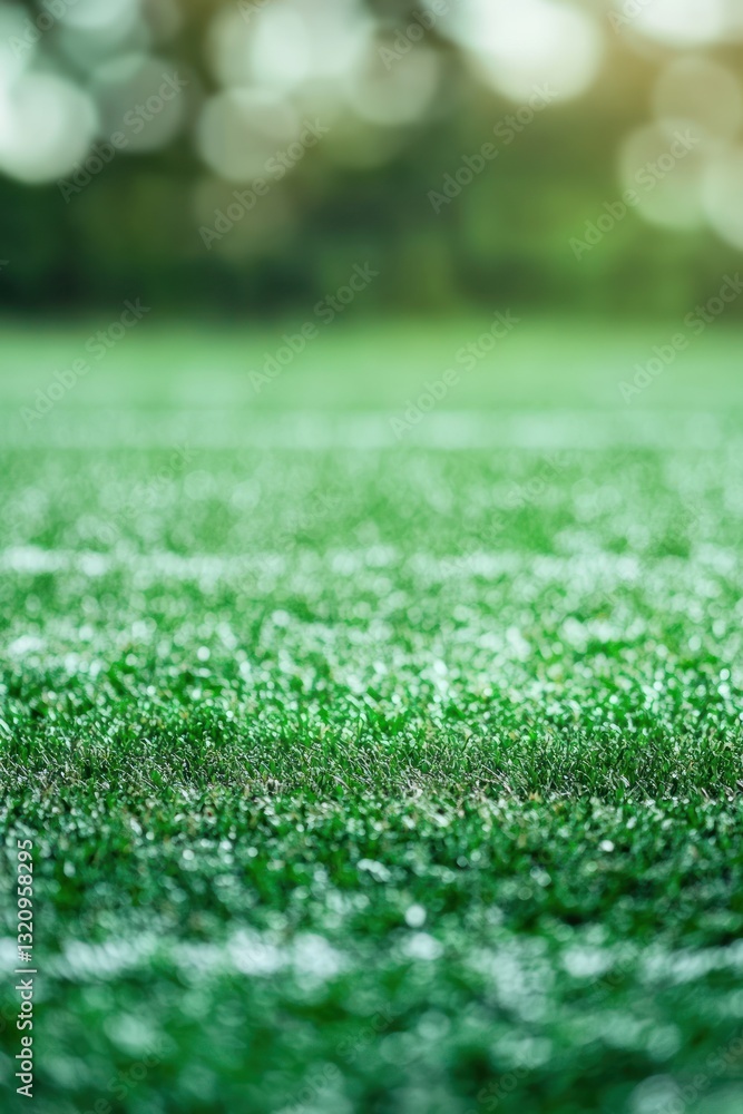 Poster lush green artificial grass field under soft sunlight with bokeh