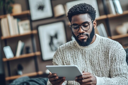 A focused African American man with glasses uses his tablet in a cozy setting, complete with bookshelves and artwork, dressed in a comfortable sweater for relaxed digital engagement.