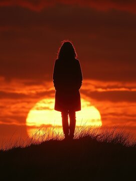 A silhouette of a lone figure standing at the top of a dune, watching the sunset over an endless desert, evoking a sense of solitude and reflection. 
