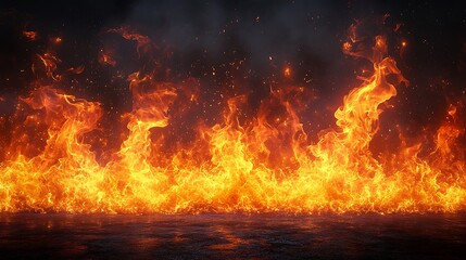 Vivid and glowing fire flames flickering in bright orange and yellow tones on a black background