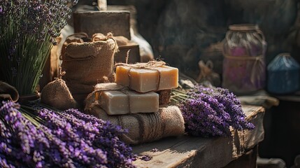 Artisanal lavender soaps with botanical essence in a rustic setting