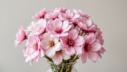 Fototapeta premium The blooming sakura bouquet in a clear glass vase radiates a delicate and graceful beauty, with each flower bursting open in vibrant shades of pink and white