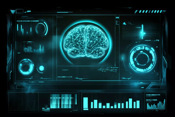 Futuristic brain scan interface reveals activity and neural pathways with advanced diagnostics and statistical analysis displayed in teal hues