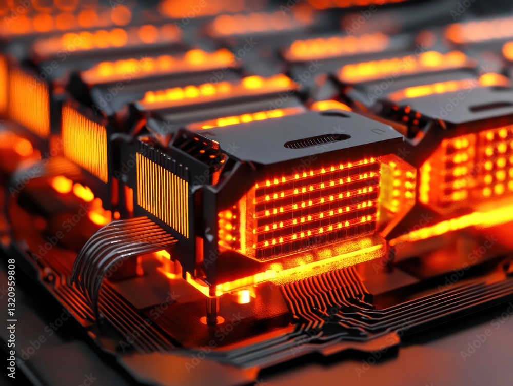 Poster close-up view of illuminated circuit boards with intricate designs and glowing orange lights, showca