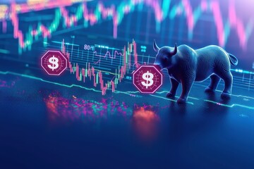 A vibrant depiction of stock market trends, showing a bull and fluctuating charts, symbolizing financial investment, economic growth, and the dynamics of the stock exchange.