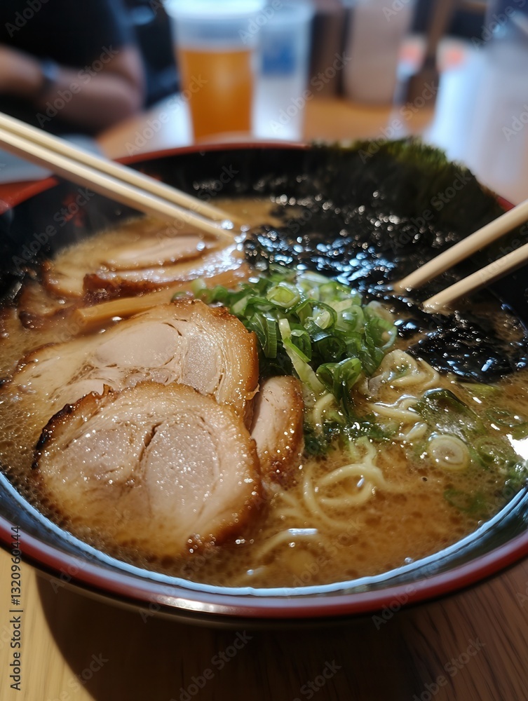 Poster perfectly steaming bowl of ramen with pork and fresh toppings ready for enjoyment in a cozy restaura