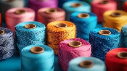 Assorted thread spools scattered randomly across a vivid blue surface