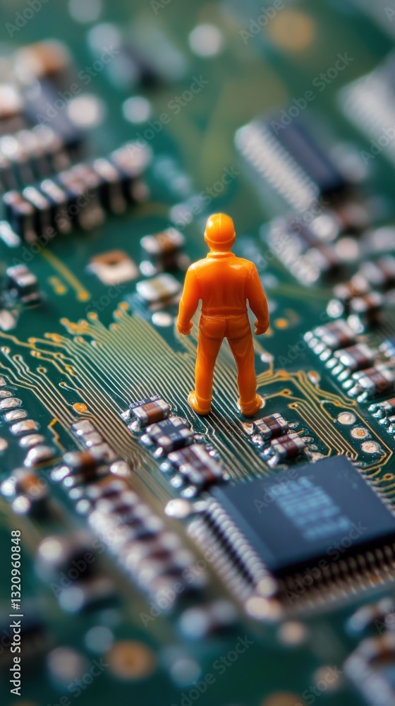 Poster miniature worker on circuit board exploring electronic components