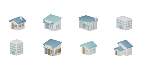 Various buildings in simple minimalist lines, perfect for City-themed and modern designs. 3D illustration for backgrounds and advertising materials.