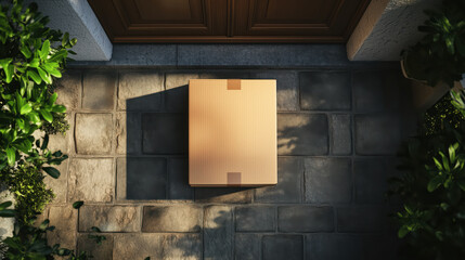 Сardboard parcel box near your front door, top view. Online purchase outside door. Online shopping, fast and reliable delivery service.