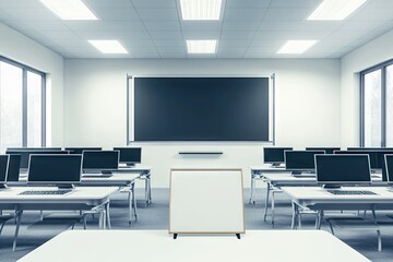 Modern, bright computer classroom with blank presentation board