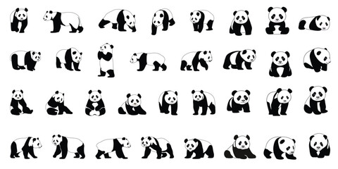 Cute black and white panda set. Vector illustration with black outline of panda.