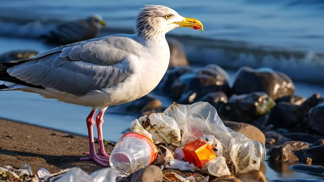 A seagull stands on the shore, surrounded by plastic waste.