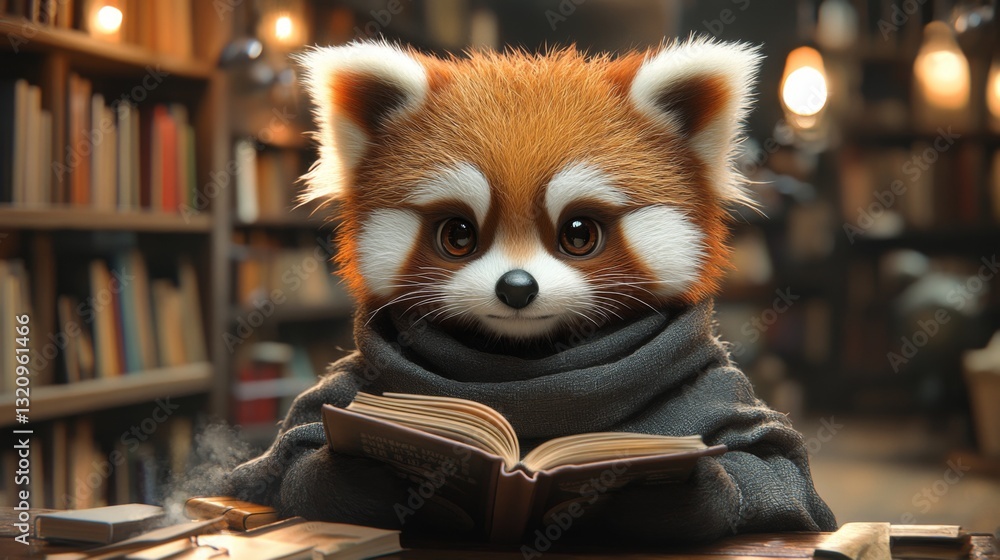 Poster a charming red panda character sits comfortably in a soft, dark robe, focused on reading a book. the