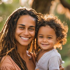 Fototapeta premium Mother and Child Smiling Together in a Warm Outdoor Setting