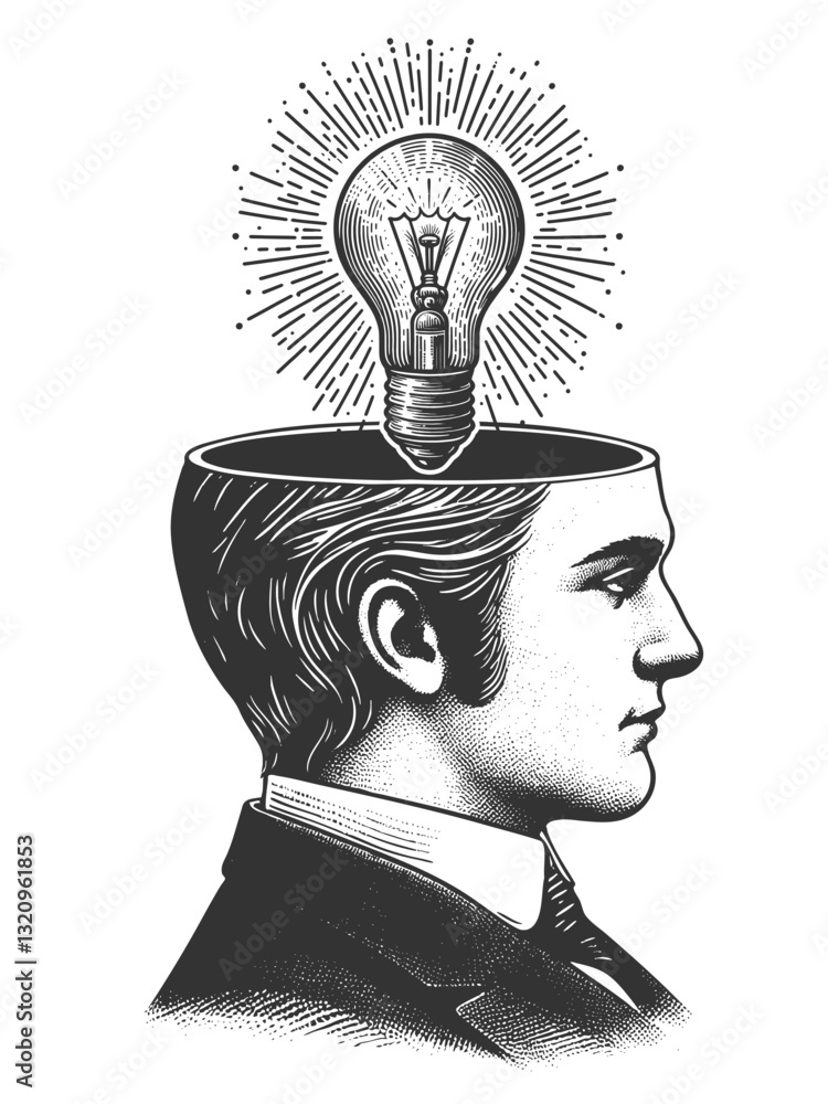 Poster man in profile with the top of his head open, revealing a glowing light bulb, symbolizing creativity