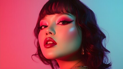 Obraz premium Captivating High Fashion Beauty Portrait of Stylish Woman in Neon Aesthetic