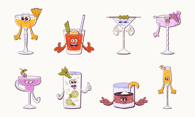 Set Of Eight Groovy Cartoon Cocktails with Eyes and Hands. Classic Alcohol Drinks. Vector Illustration for Party promotions, Events, Social Media.