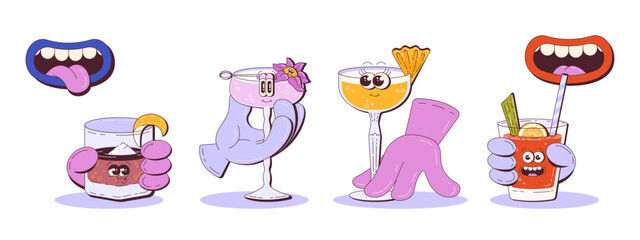 Set of Positive Cartoon Cocktails with Hands and Groovy Style. Alcol Drinks Held by Hands or in the Process of being made. Vector Illustration for Promotion, Invitation, Party Flyer.