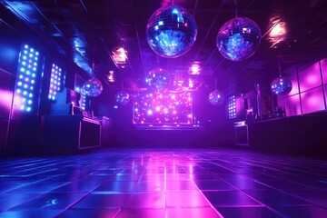 A vibrant party scene with colorful disco lights and spinning disco balls