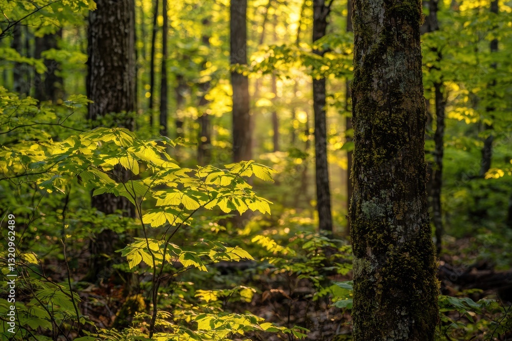 Poster sunlight filtering through a lush green forest, creating a serene and inviting atmosphere that invit