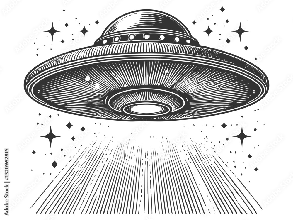 Poster ufo flying saucer emitting a powerful beam of light, blending retro sci-fi with a mysterious extrate